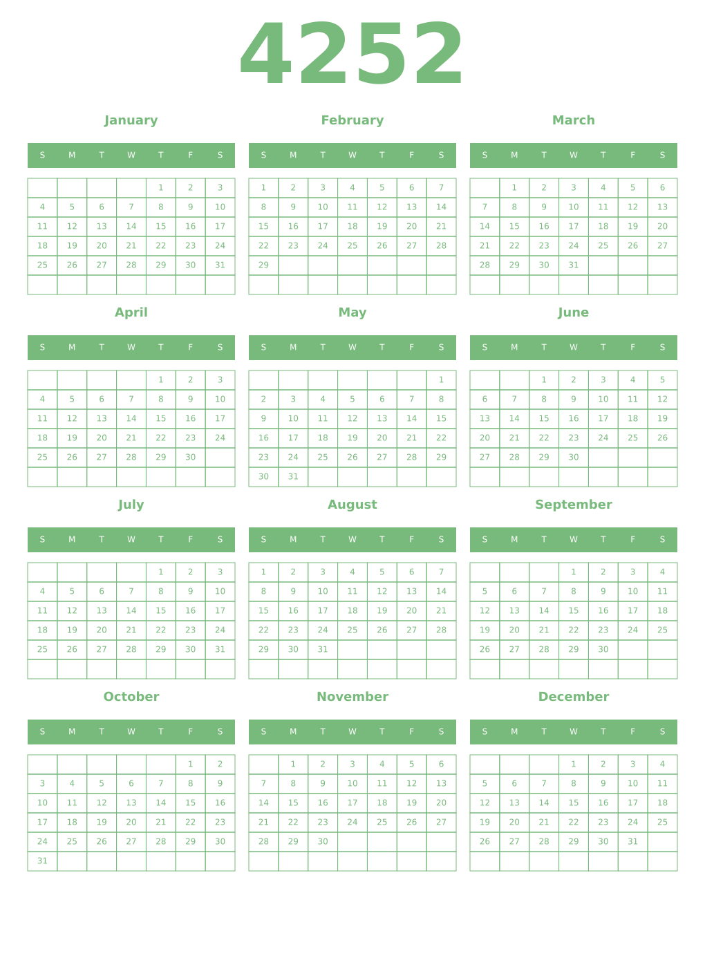 Printable 4252 Year Calendars celadon