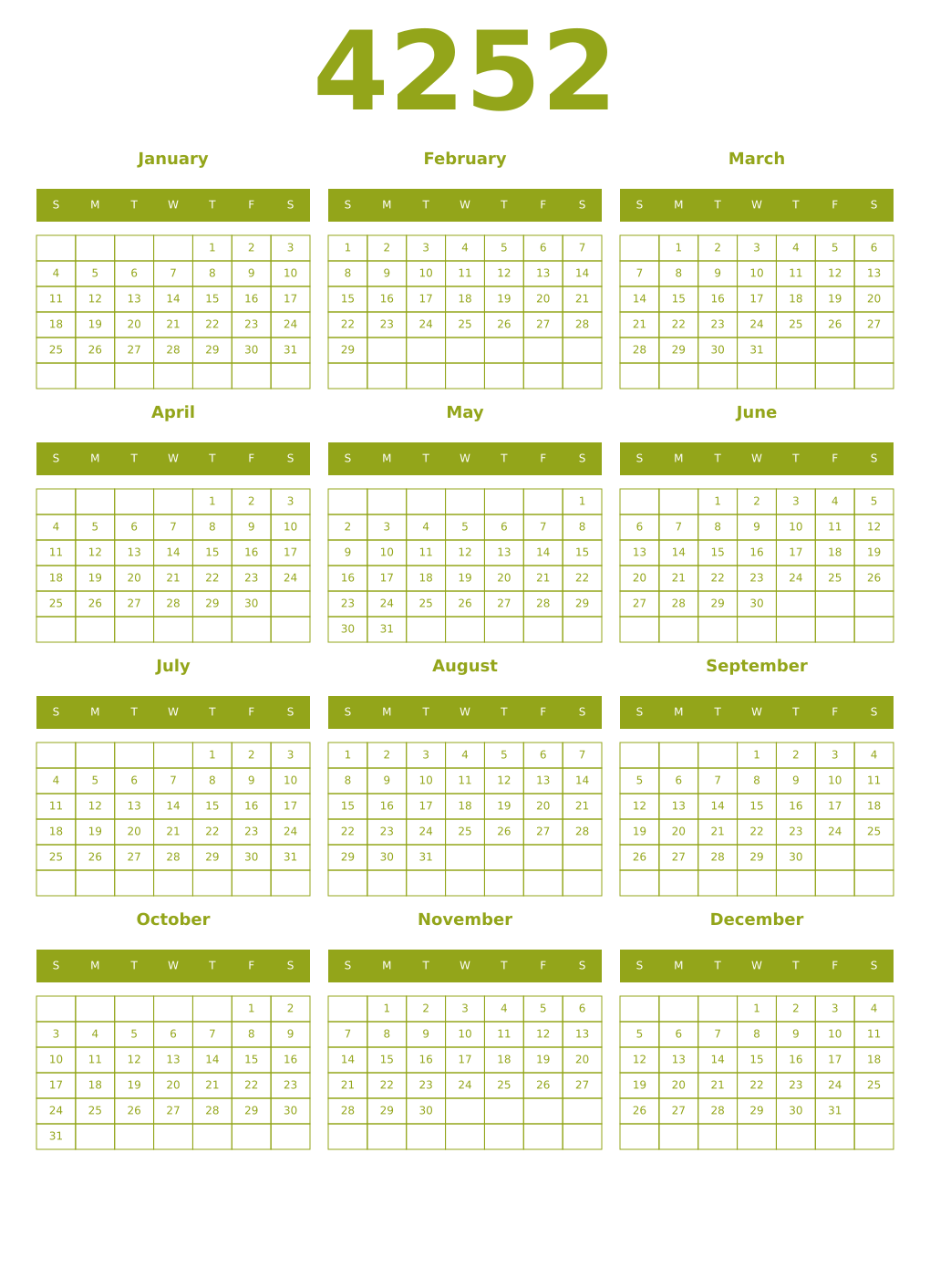 Printable 4252 Year Calendars chartreuse