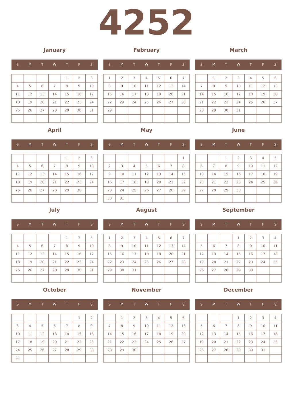 Printable 4252 Year Calendars coffe