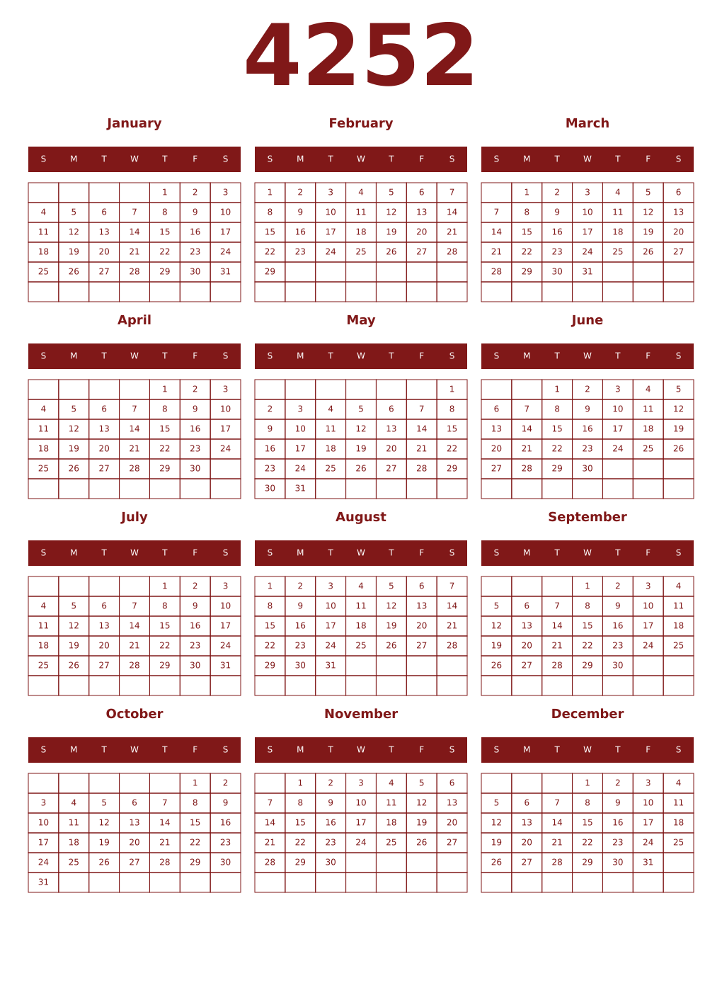 Printable 4252 Year Calendars falu