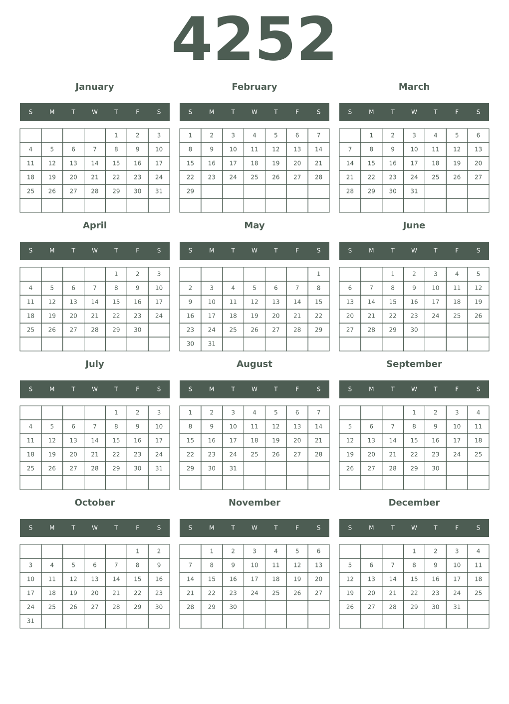 Printable 4252 Year Calendars feldgrau