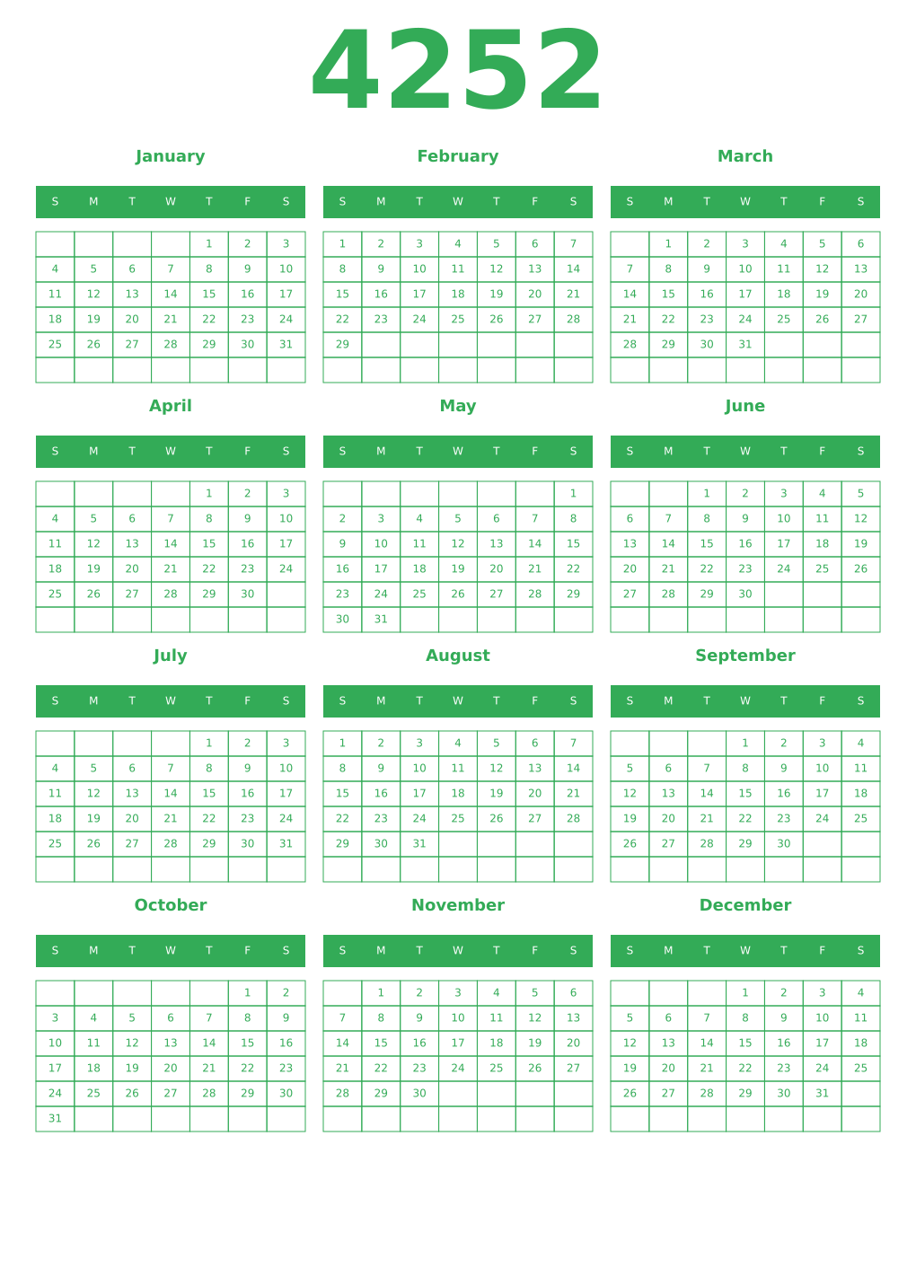 Printable 4252 Year Calendars green