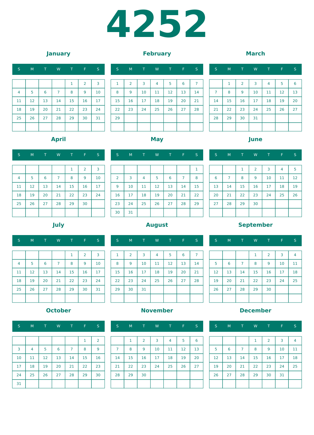 Printable 4252 Year Calendars pastel