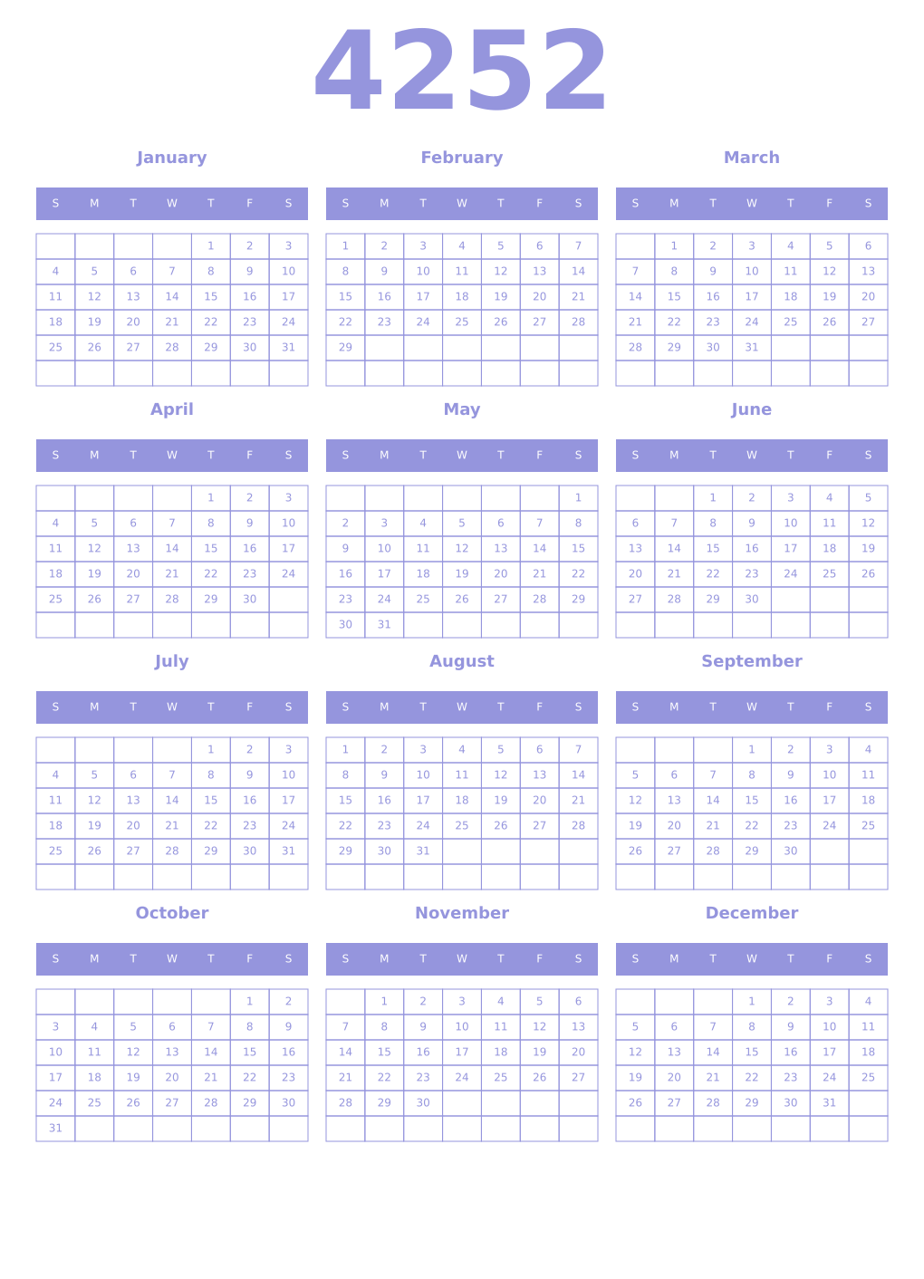 Printable 4252 Year Calendars periwinkle