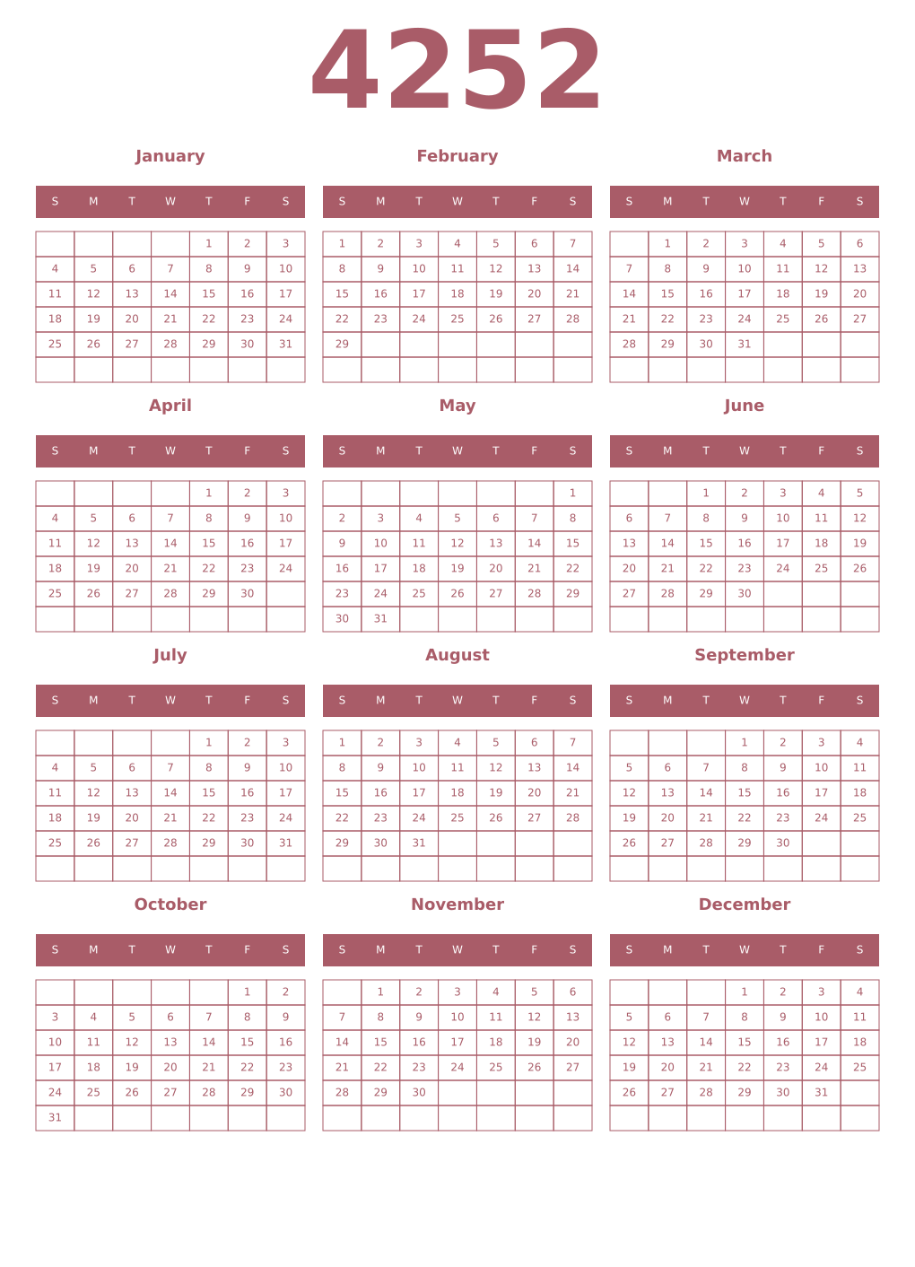 Printable 4252 Year Calendars puce
