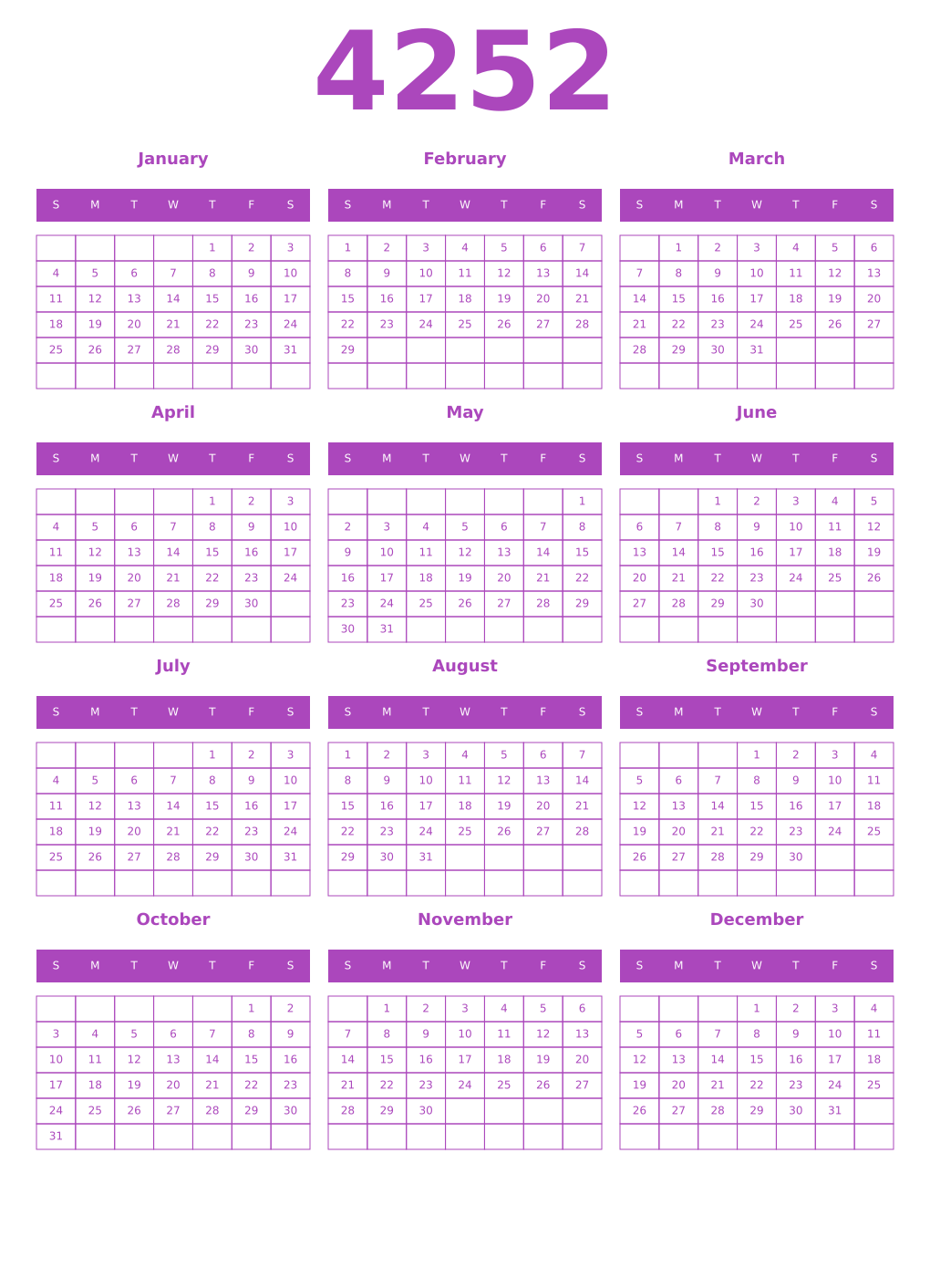 Printable 4252 Year Calendars purple