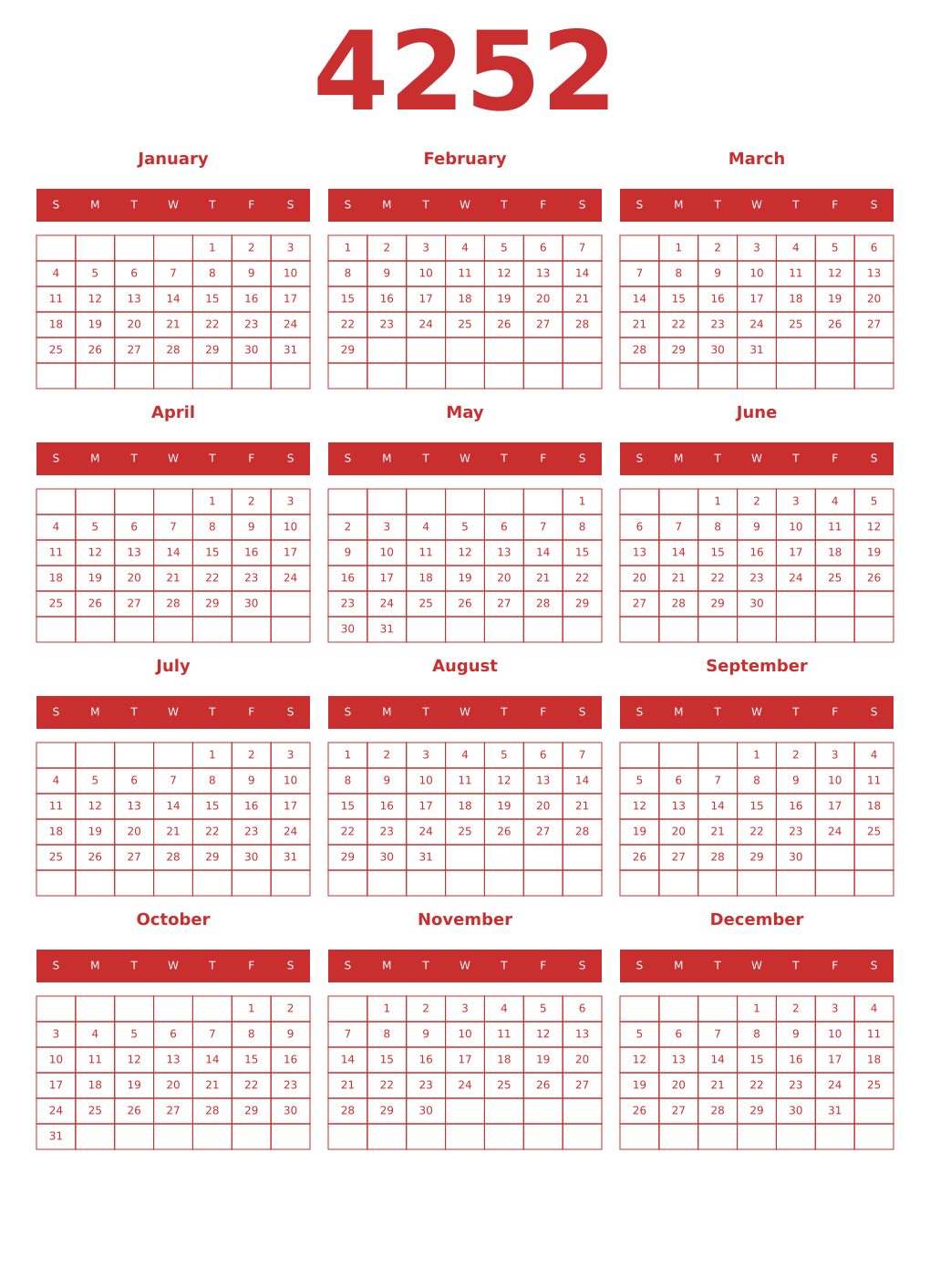 Printable 4252 Year Calendars red