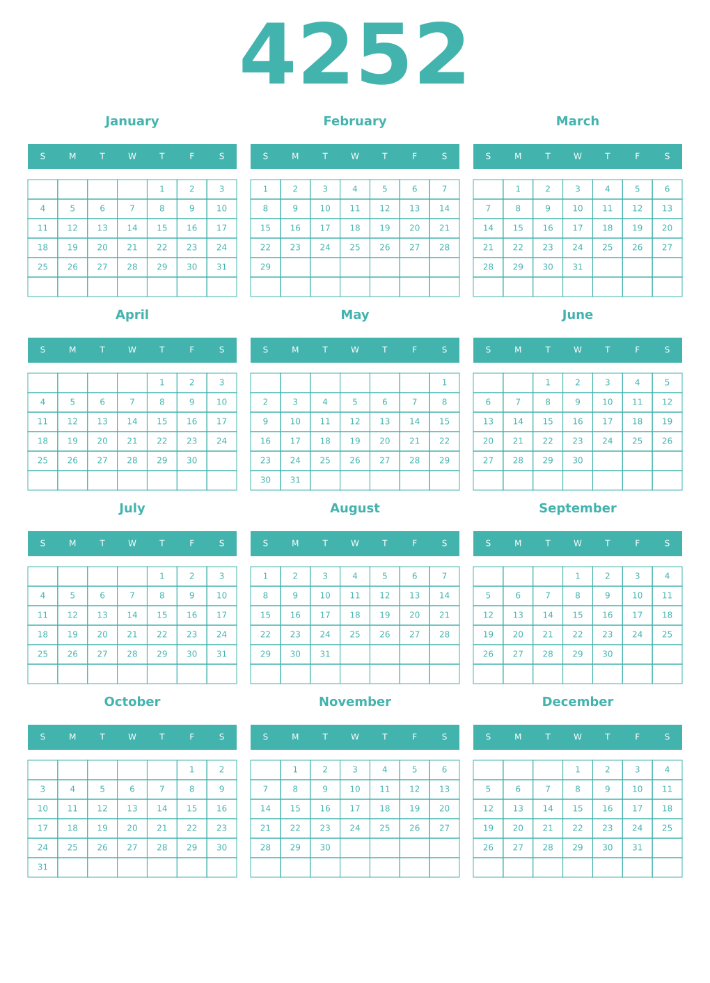 Printable 4252 Year Calendars verdigris