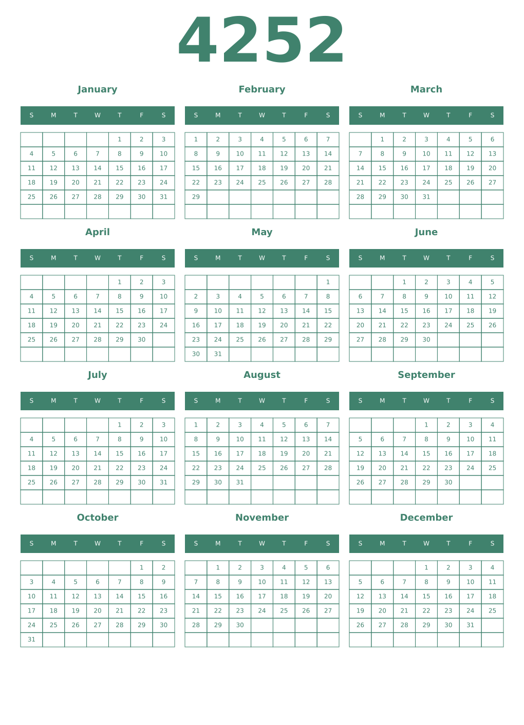 Printable 4252 Year Calendars viridian