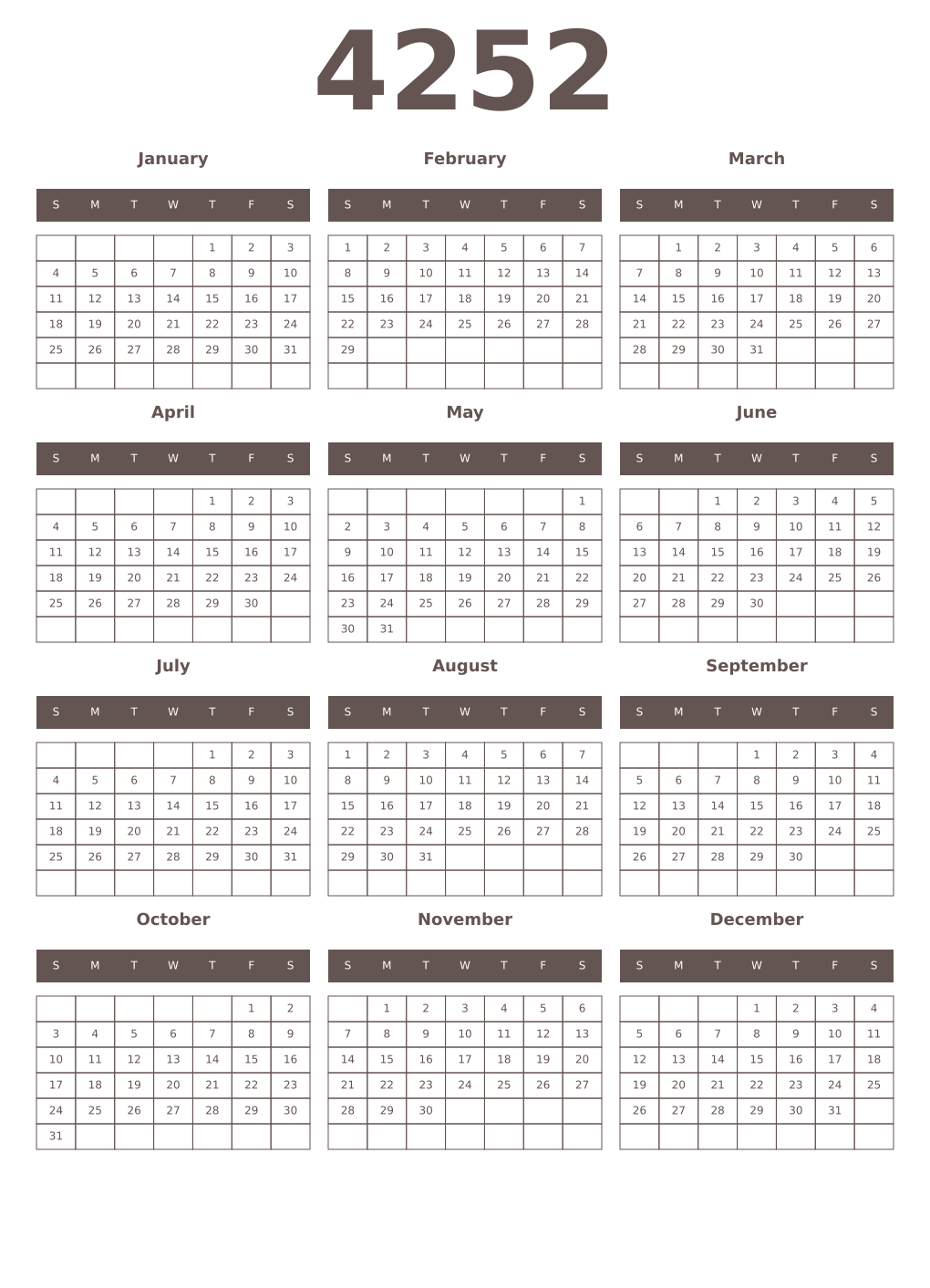 Printable 4252 Year Calendars wenge
