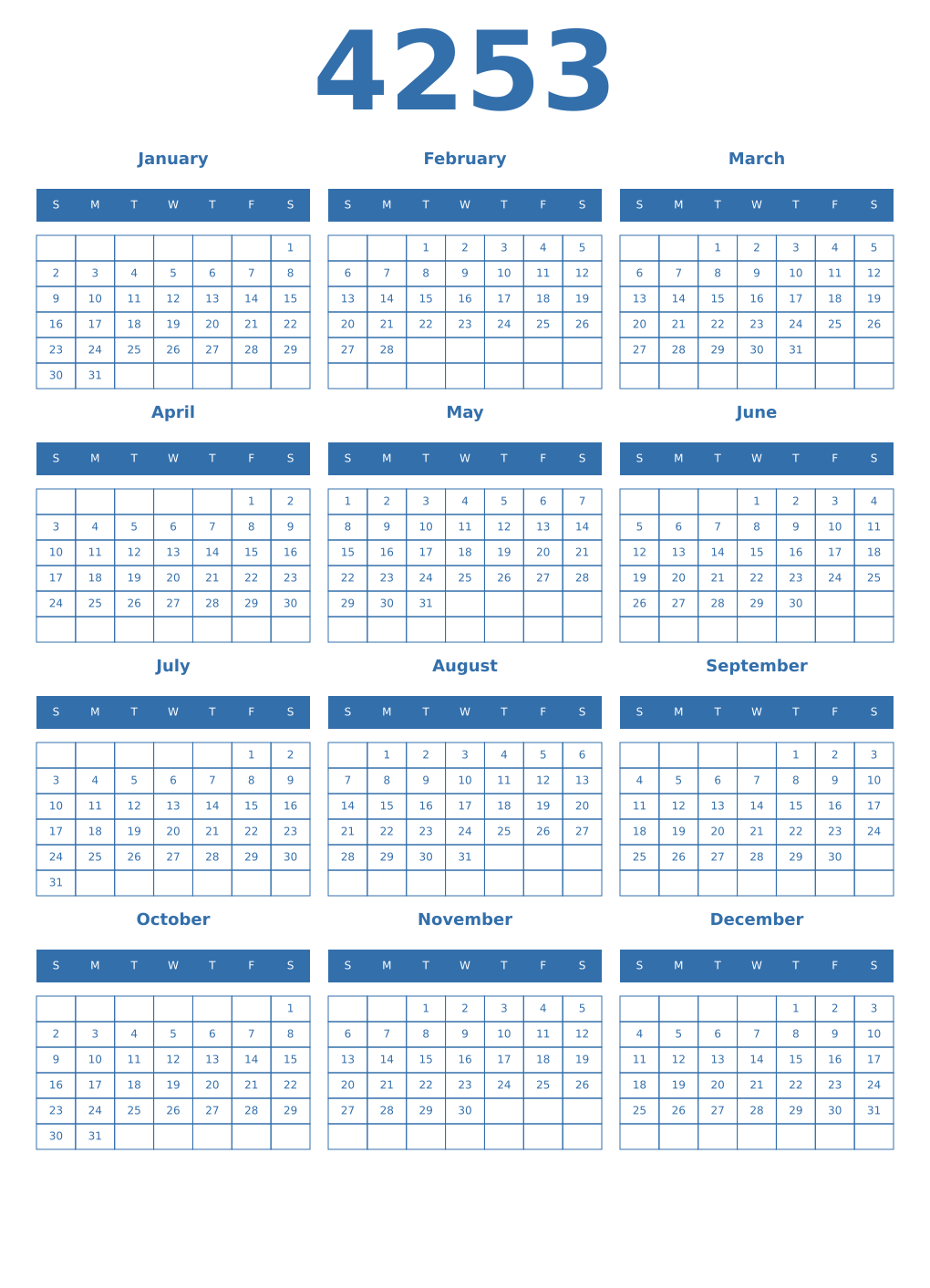 Printable 4253 Year Calendars blue