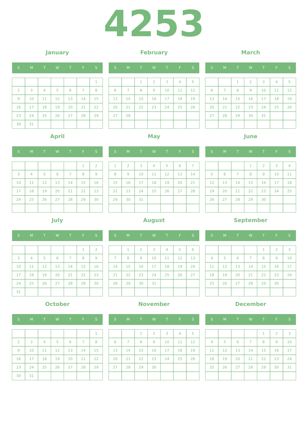 Printable 4253 Year Calendars celadon