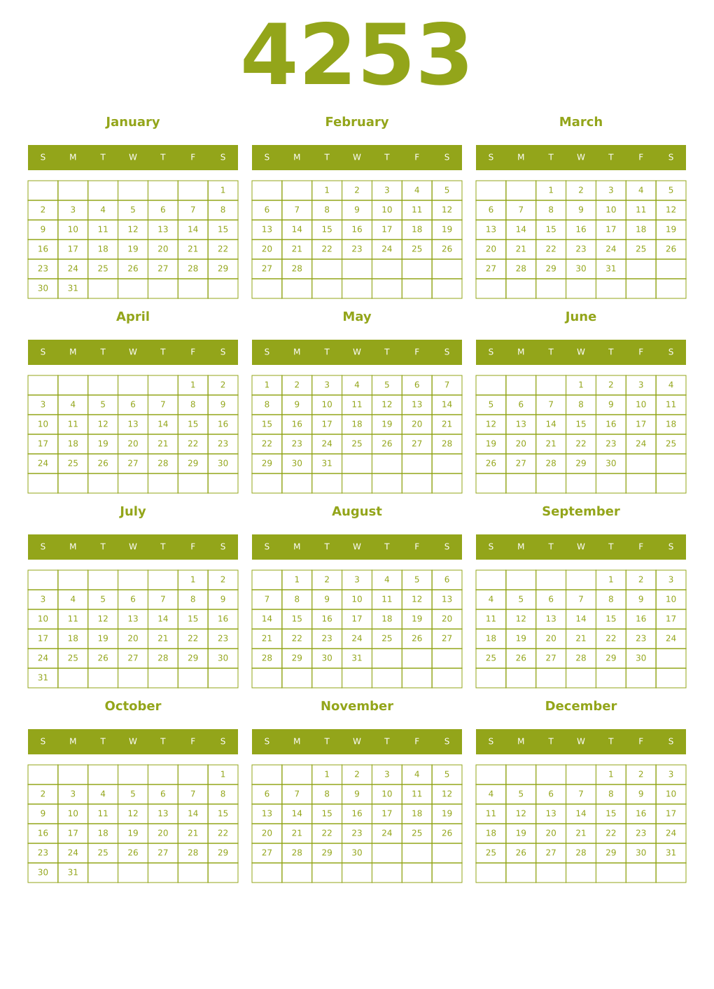 Printable 4253 Year Calendars chartreuse