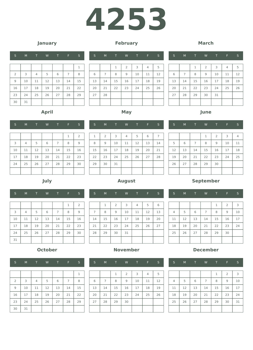 Printable 4253 Year Calendars feldgrau