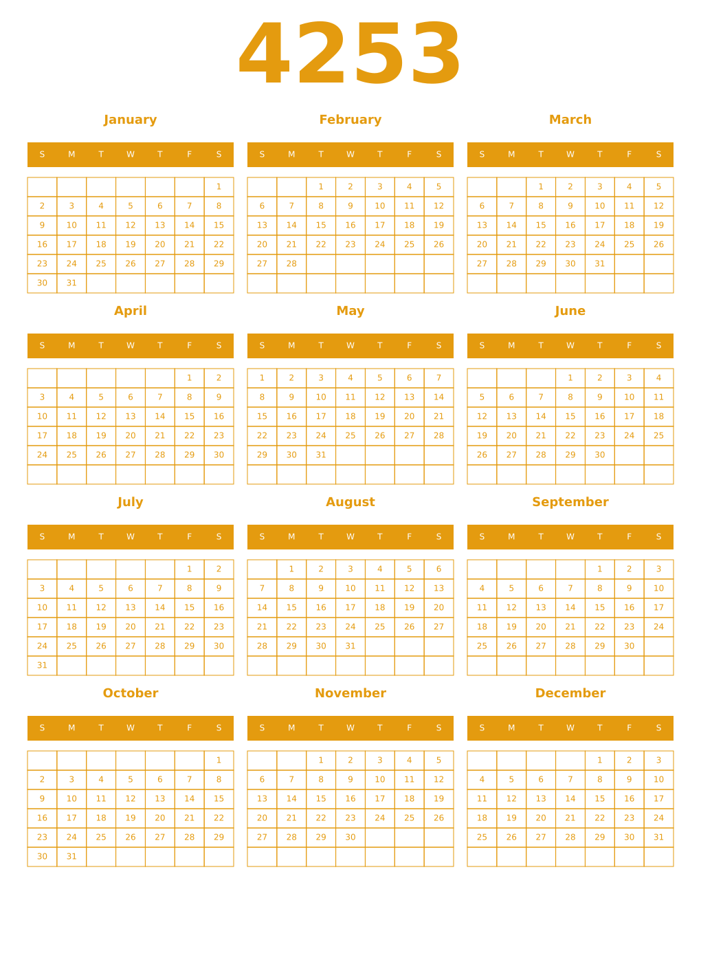 Printable 4253 Year Calendars gamboge