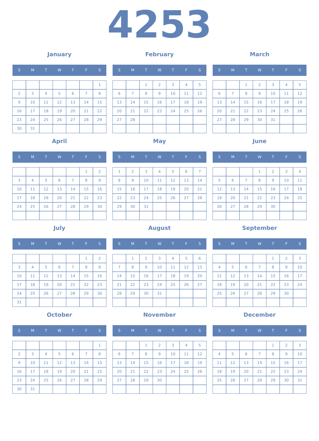 Printable 4253 Year Calendars glaucous