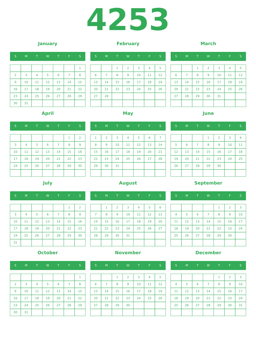 Printable 4253 Year Calendars green