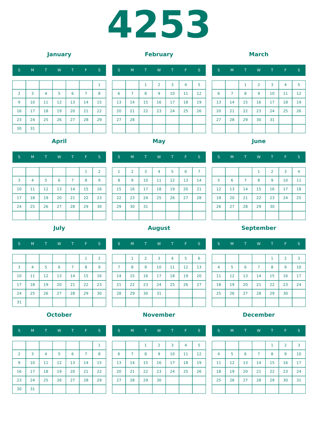 Printable 4253 Year Calendars pastel
