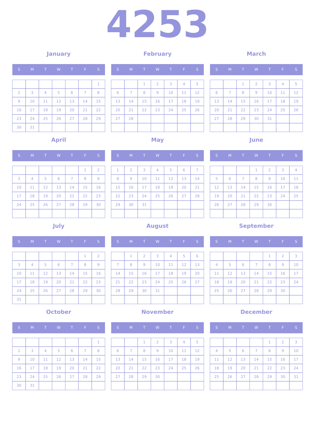 Printable 4253 Year Calendars periwinkle