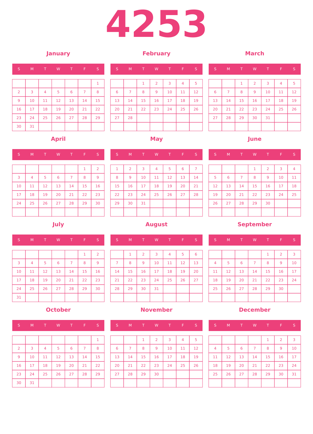 Printable 4253 Year Calendars pink