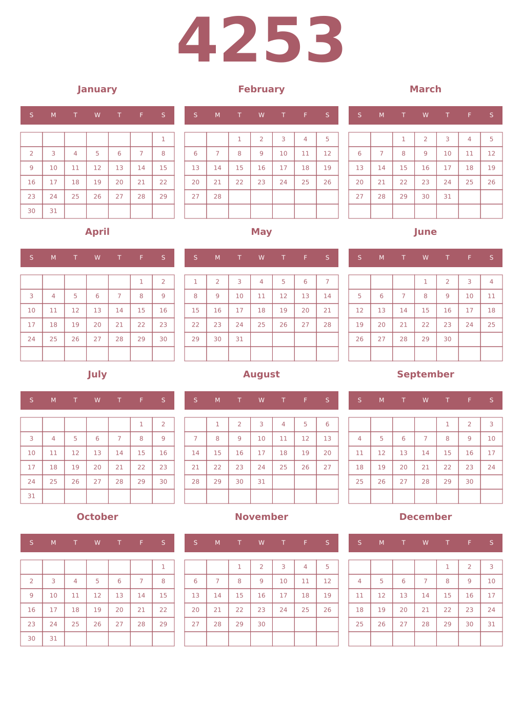 Printable 4253 Year Calendars puce