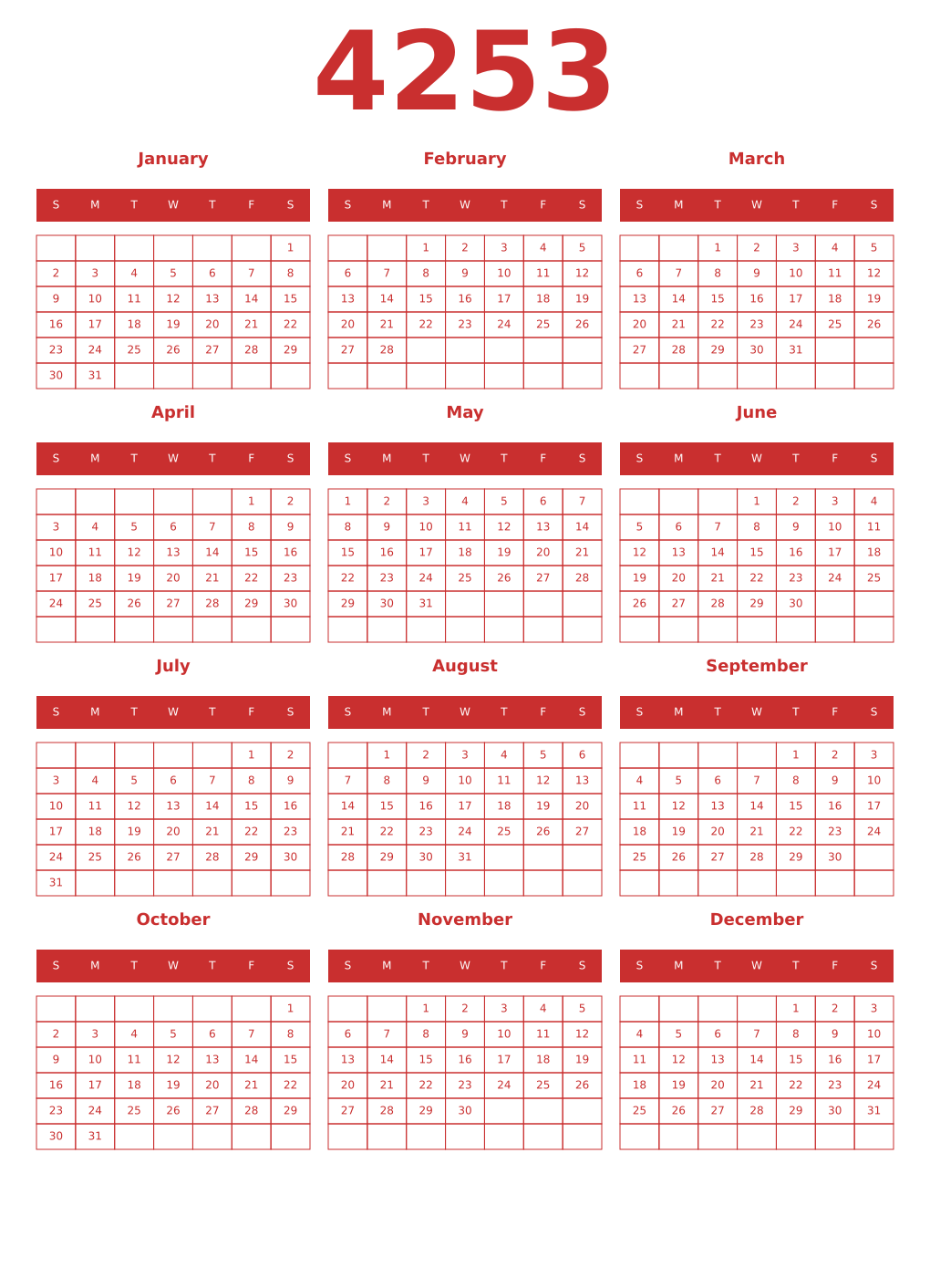 Printable 4253 Year Calendars red