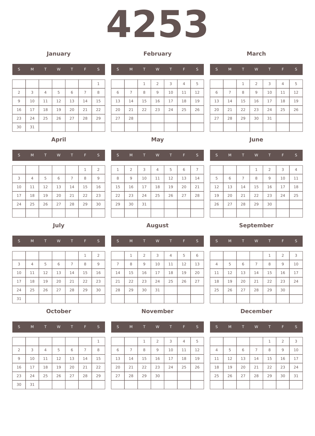 Printable 4253 Year Calendars wenge