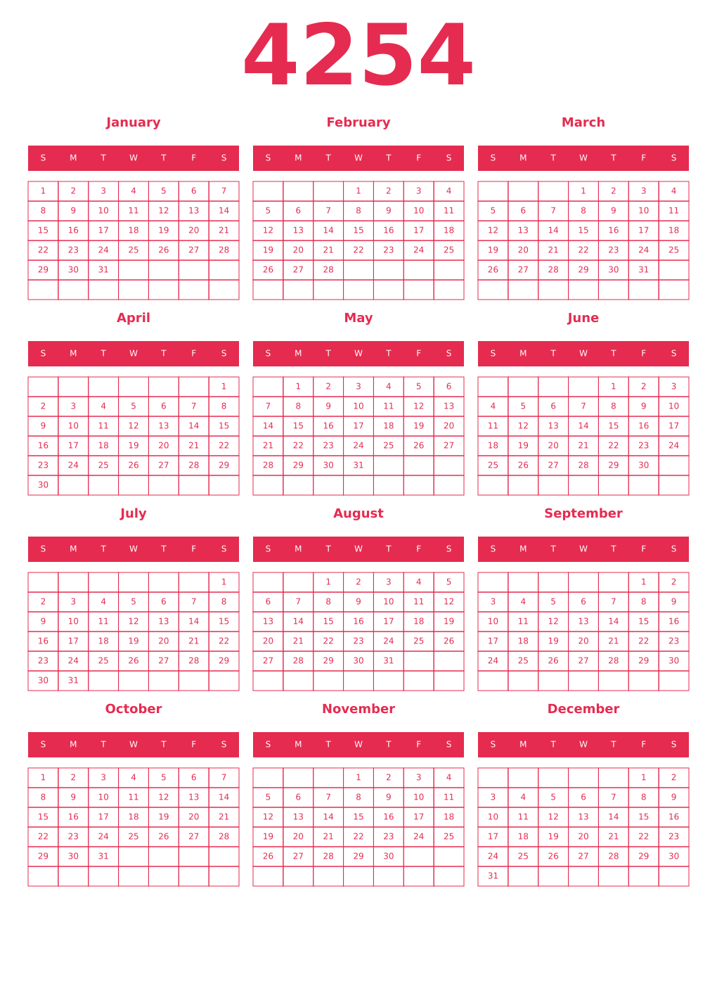 Printable 4254 Year Calendars amaranth