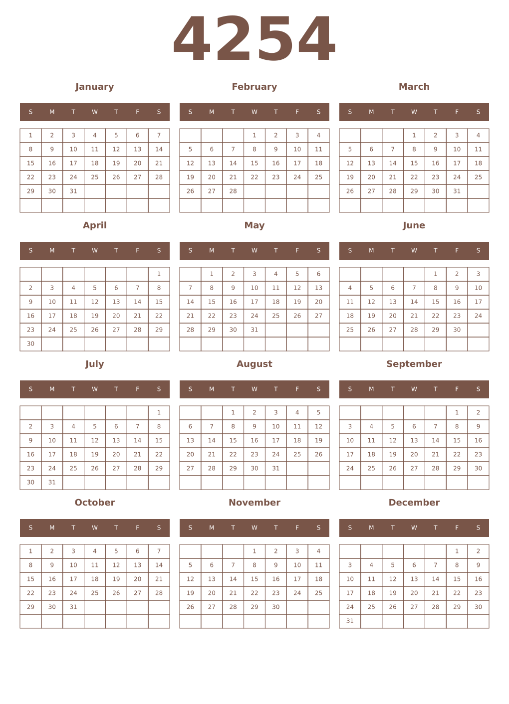 Printable 4254 Year Calendars coffe