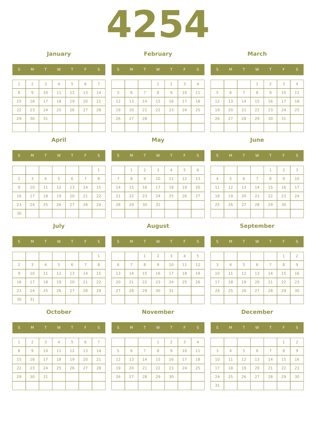 Printable 4254 Year Calendars eburnean