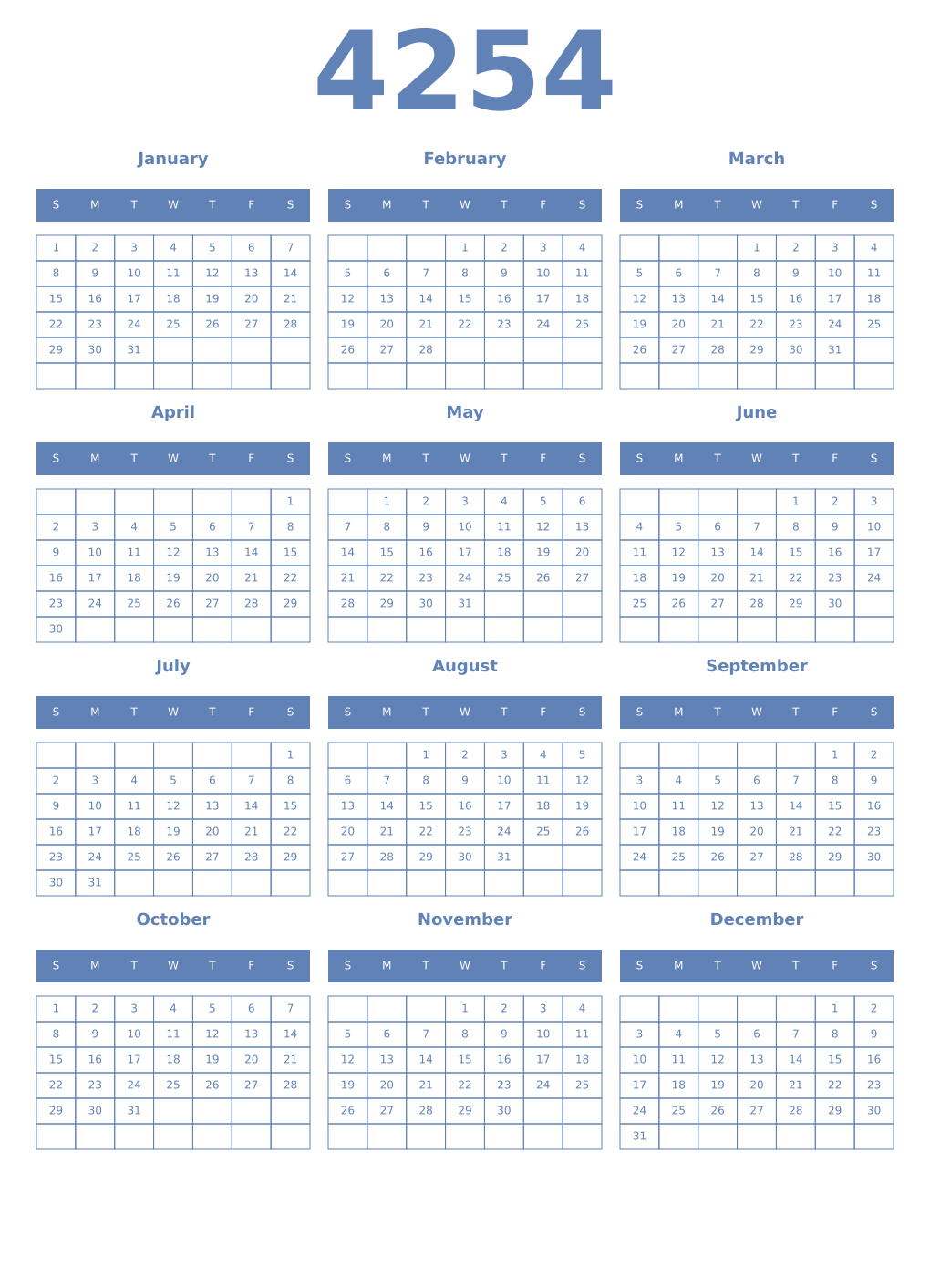 Printable 4254 Year Calendars glaucous