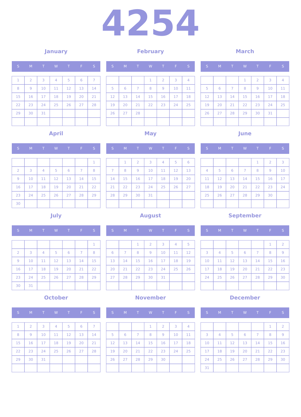 Printable 4254 Year Calendars periwinkle
