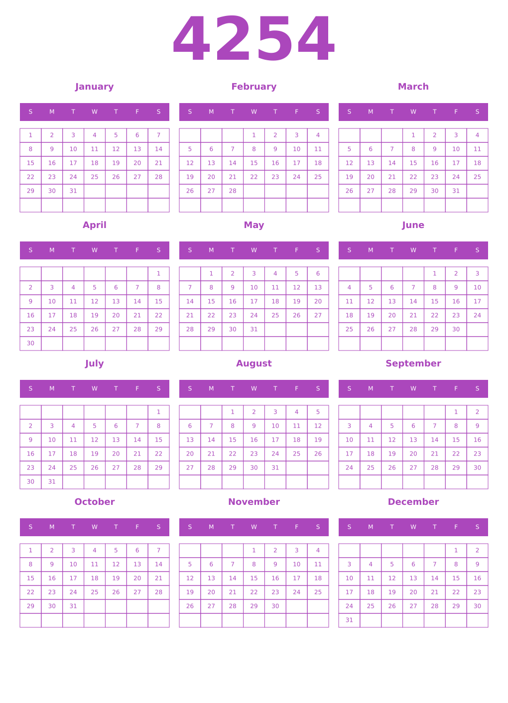 Printable 4254 Year Calendars purple