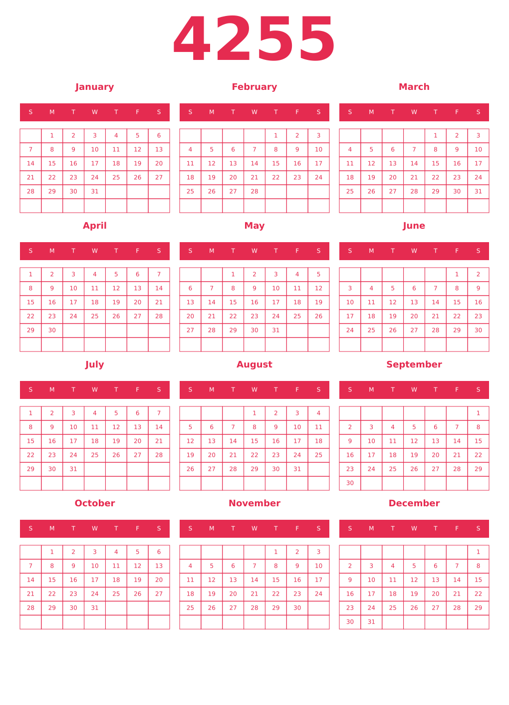 Printable 4255 Year Calendars amaranth