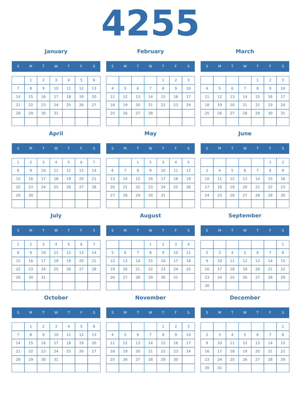 Printable 4255 Year Calendars blue