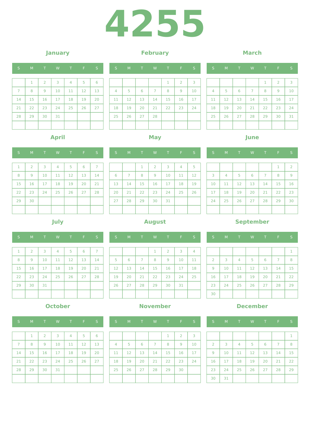 Printable 4255 Year Calendars celadon