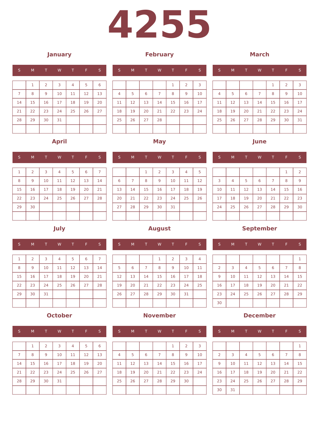 Printable 4255 Year Calendars cordovan