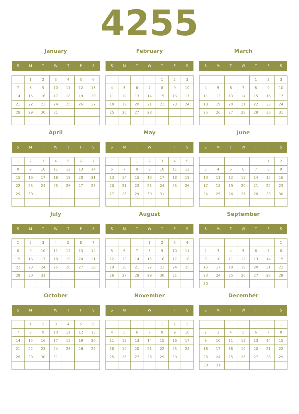 Printable 4255 Year Calendars eburnean
