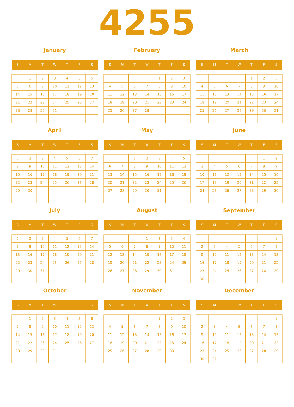 Printable 4255 Year Calendars gamboge
