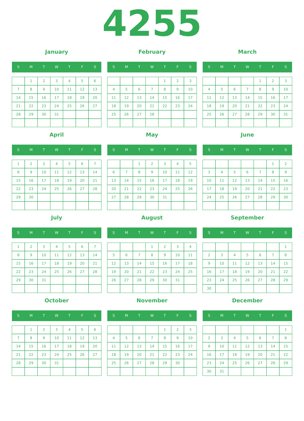 Printable 4255 Year Calendars green