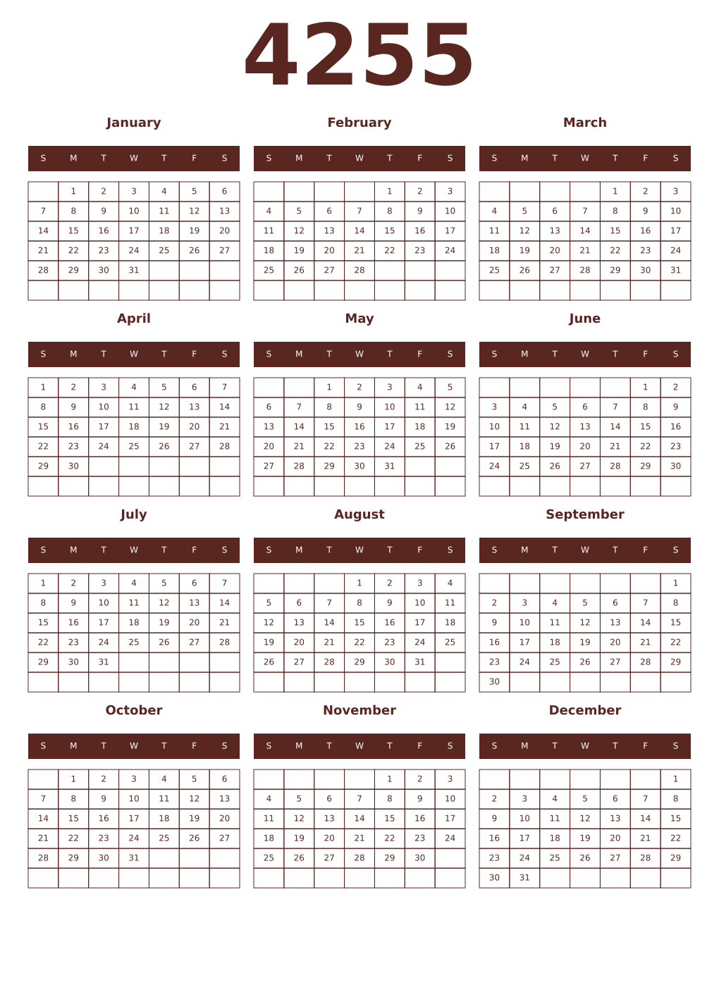 Printable 4255 Year Calendars mortuum