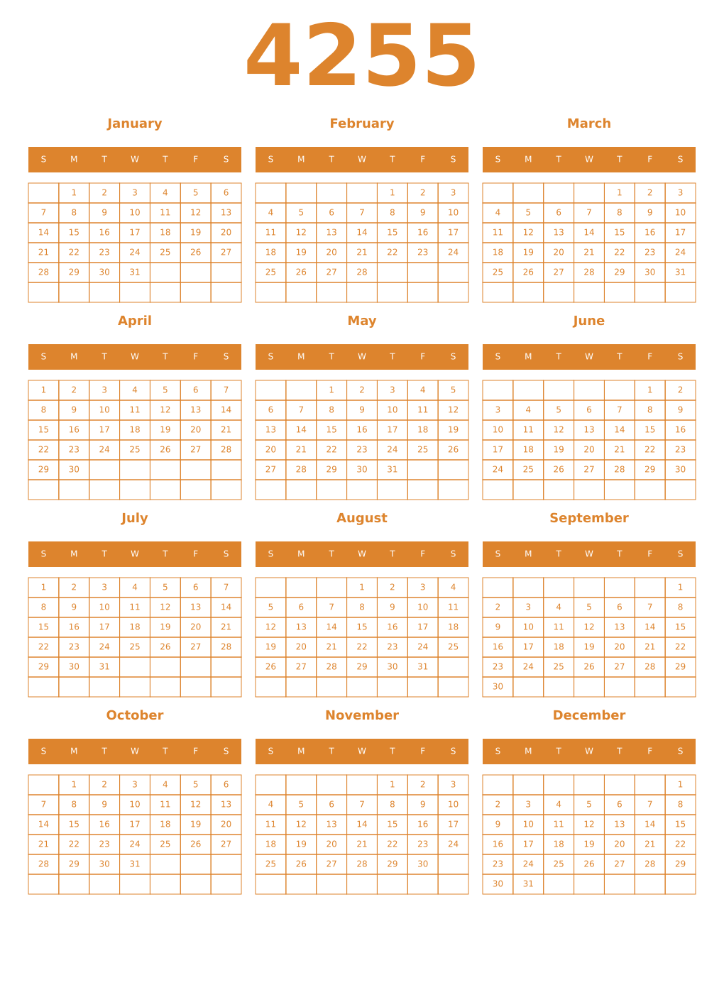 Printable 4255 Year Calendars orange