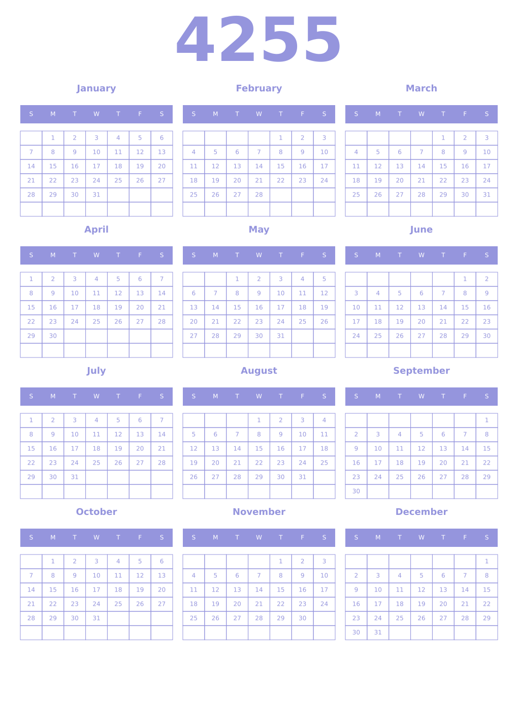 Printable 4255 Year Calendars periwinkle