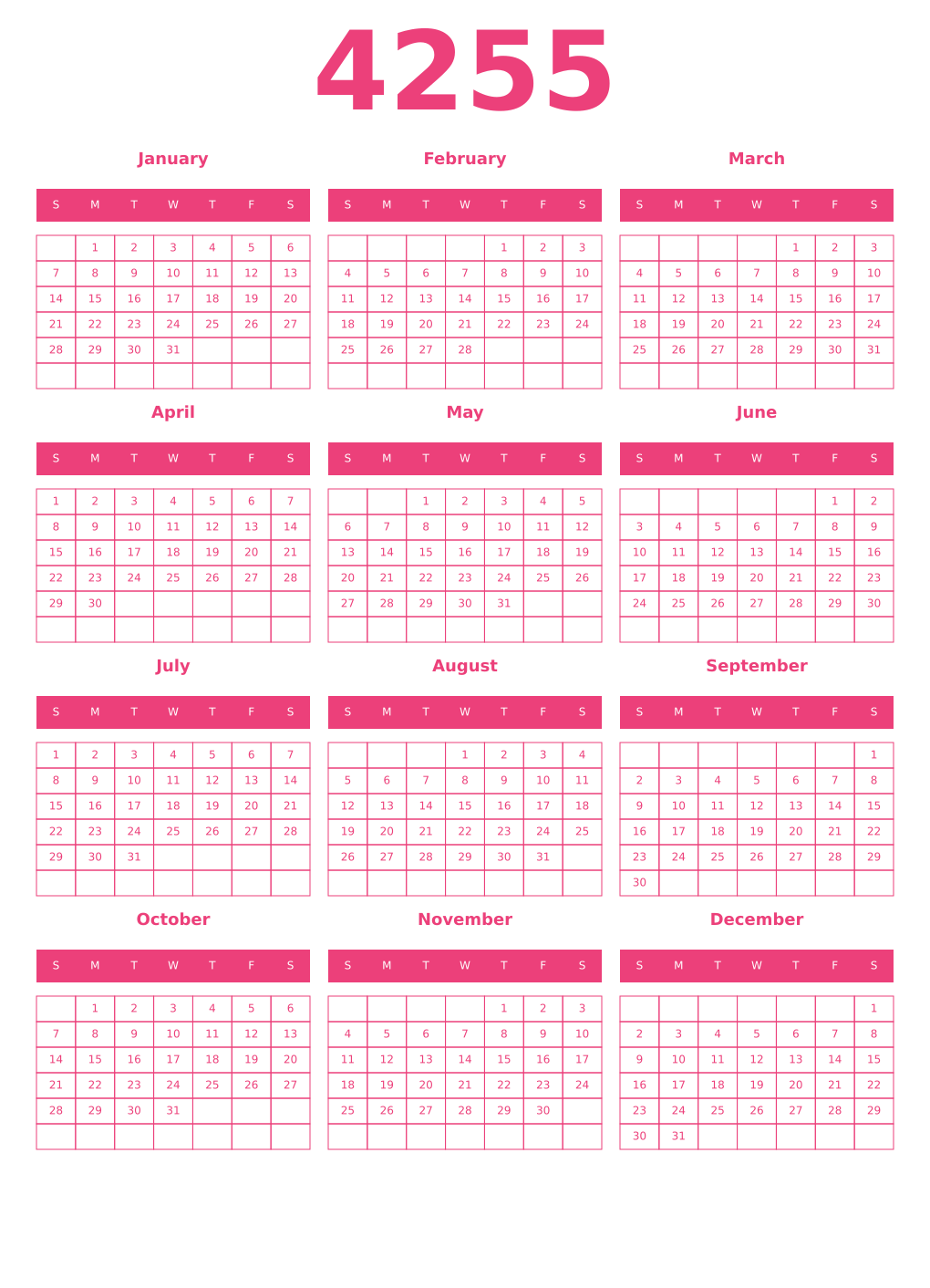 Printable 4255 Year Calendars pink