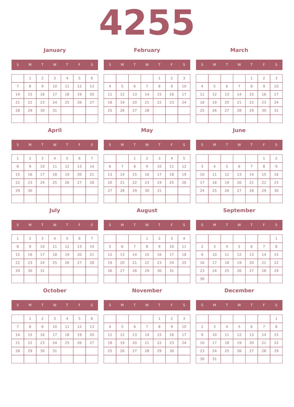 Printable 4255 Year Calendars puce