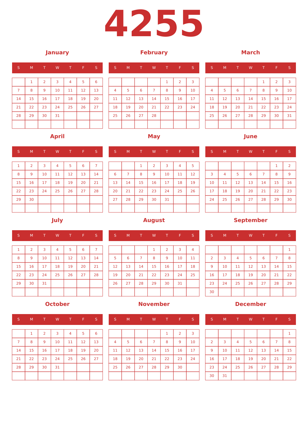 Printable 4255 Year Calendars red