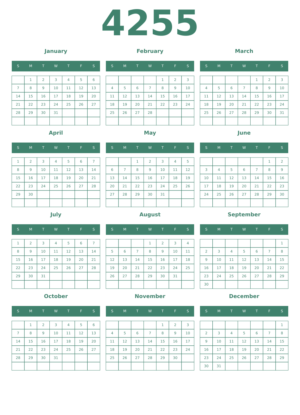 Printable 4255 Year Calendars viridian