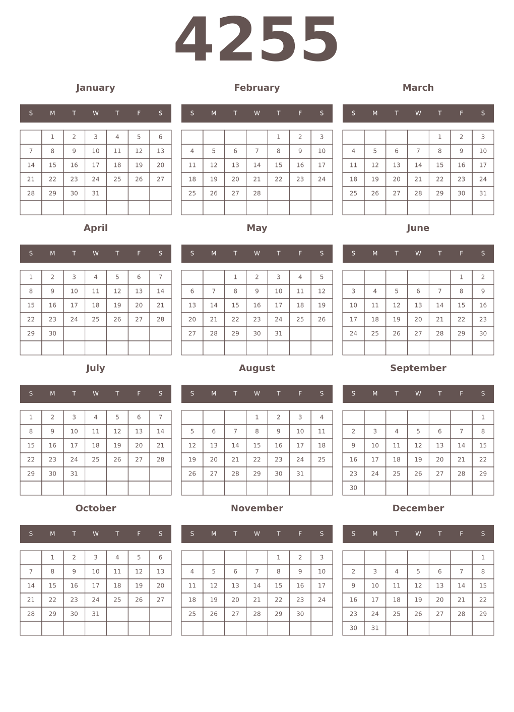 Printable 4255 Year Calendars wenge