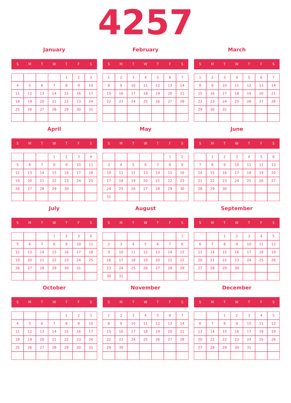 Printable 4257 Year Calendars amaranth