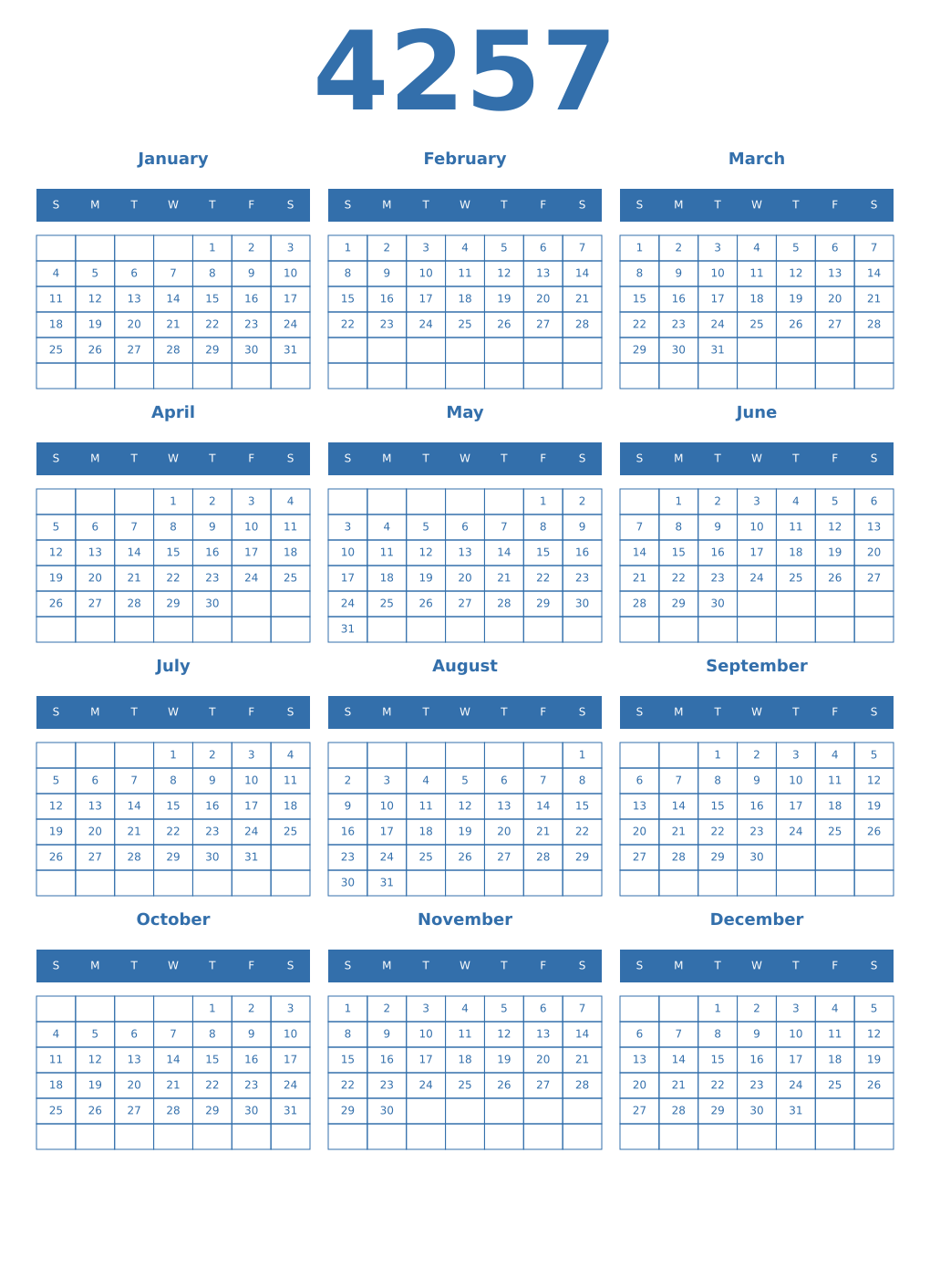 Printable 4257 Year Calendars blue